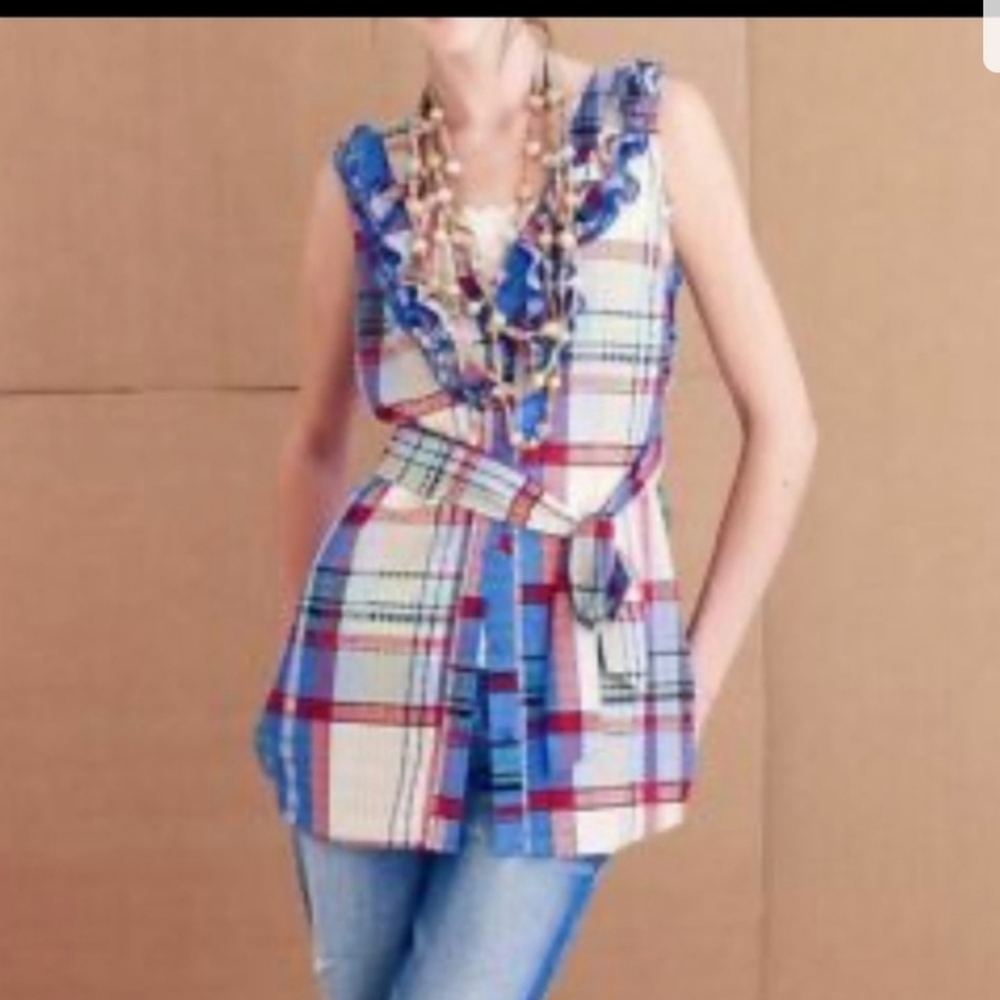 Anthro Fei Blue Red Plaid Ruffle V-neck Tie Waist Layering Tunic Tank Top Size 8